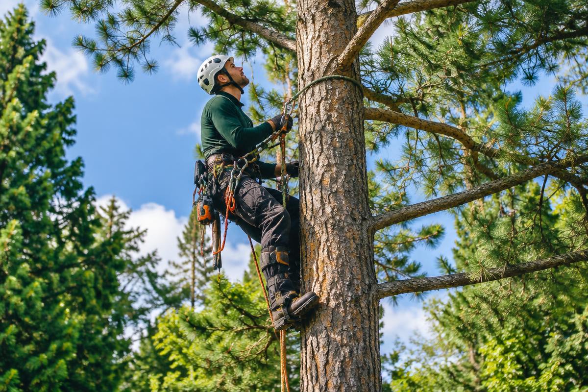Arborist climbing a tall pine with professional rigging